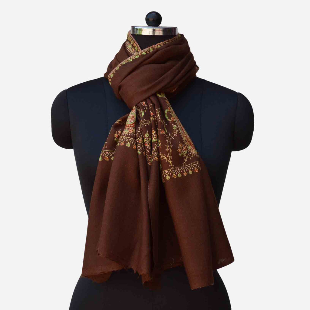 Brown Cashmere Kashmir merino woolen embroidered stole