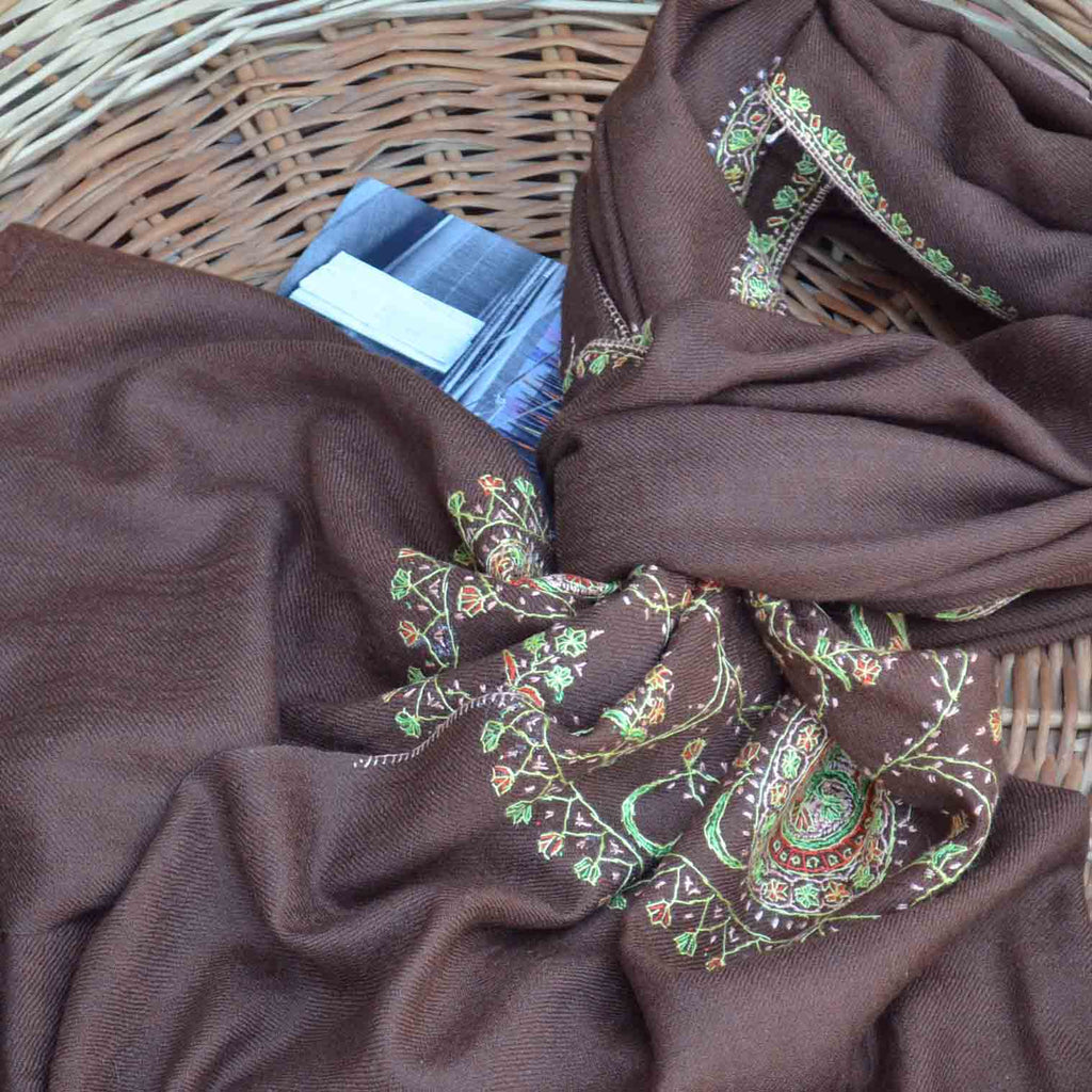 Intricate embroidery on this beautiful cashmere merino woolen scarf