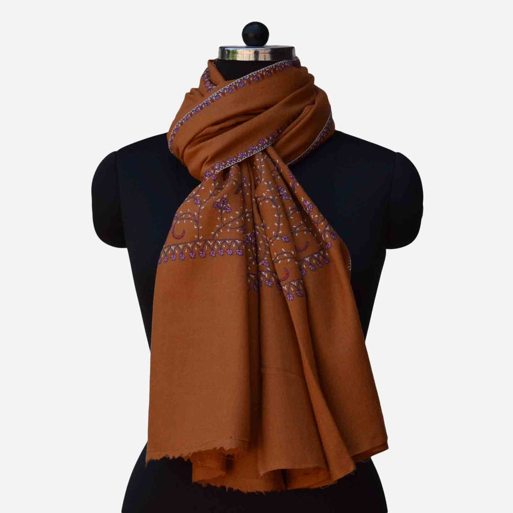 Rust Kashmiri merino woolen sozni big border embroidery scarf