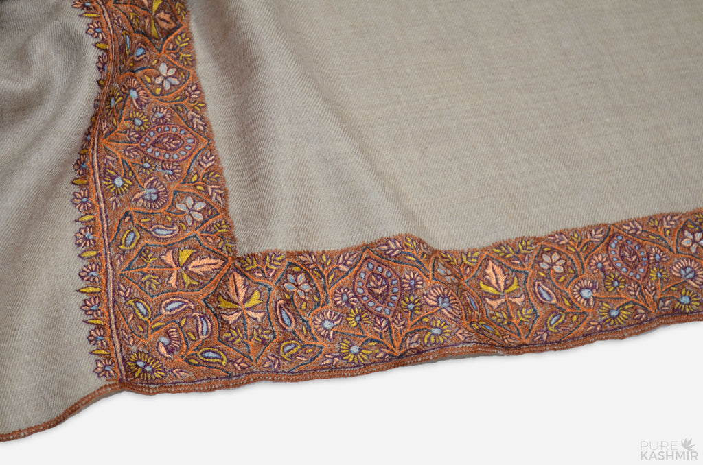 Un-dyed Natural Brown Pashmina Shawl with Beautifully Crafted Border