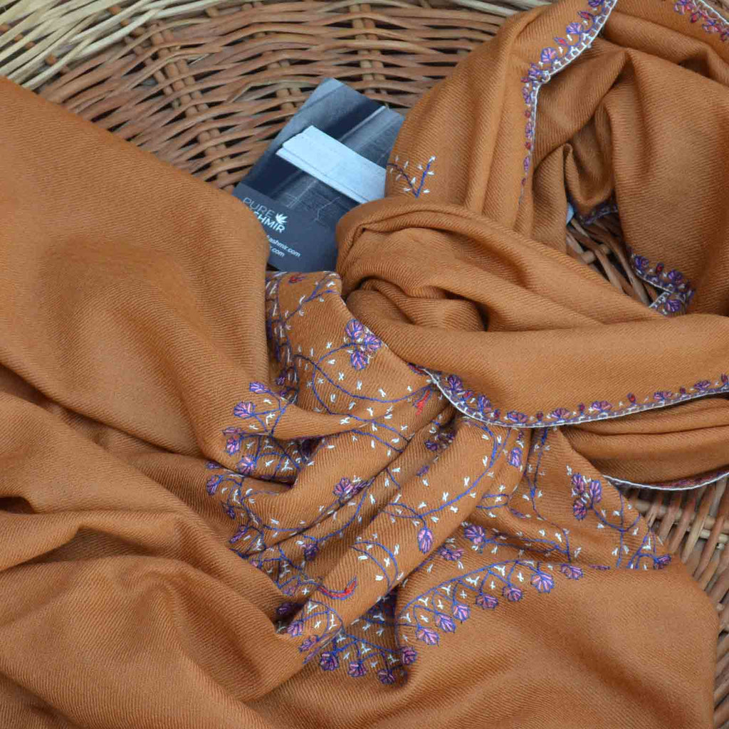 Rust Kashmiri merino woolen sozni big border embroidery scarf