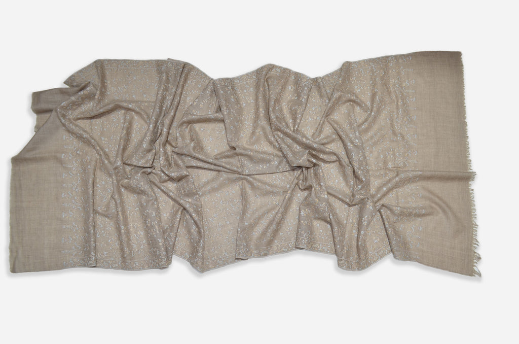 Beautiful Embroidery on an Un-Dyed Natural Cashmere Pashmina