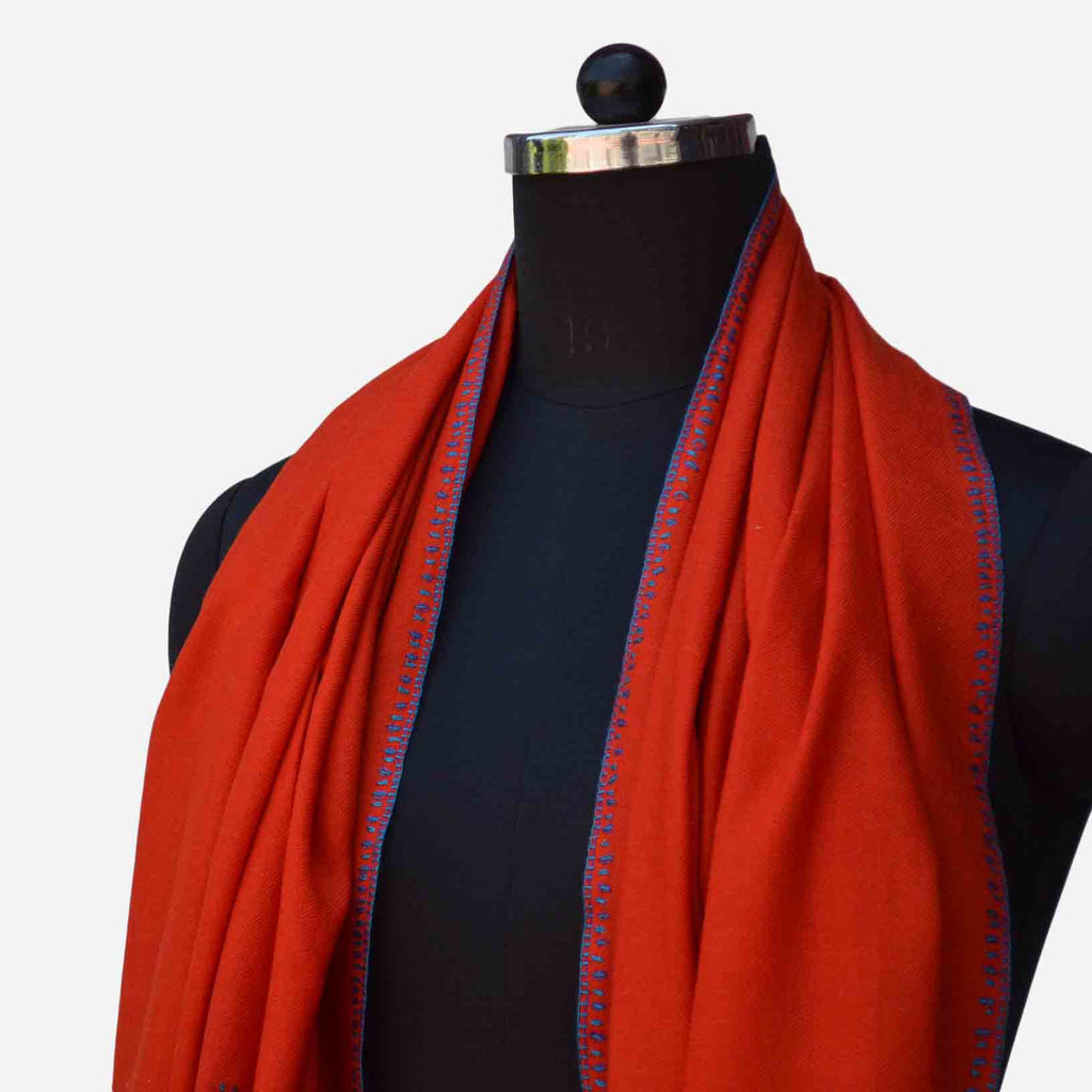 Red Kashmiri merino woolen big border embroidery stole