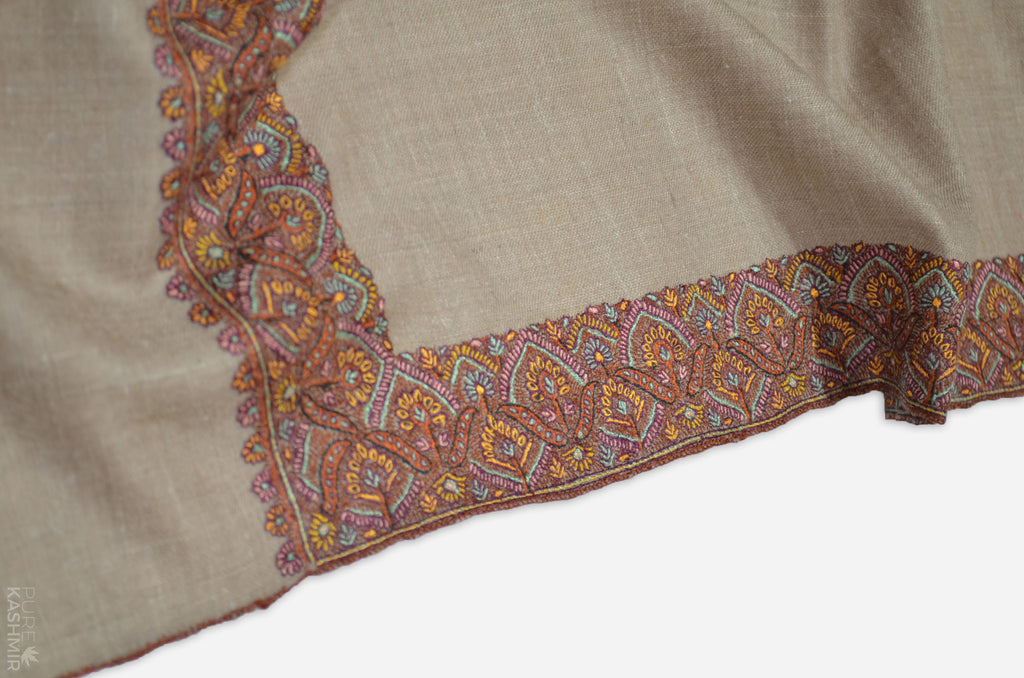 Un-dyed Natural Brown Pashmina Shawl with Beautifully Crafted Border