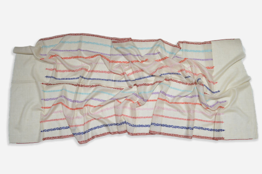 Ivory Stripes Cashmere Scarf with Beautiful Embroidery