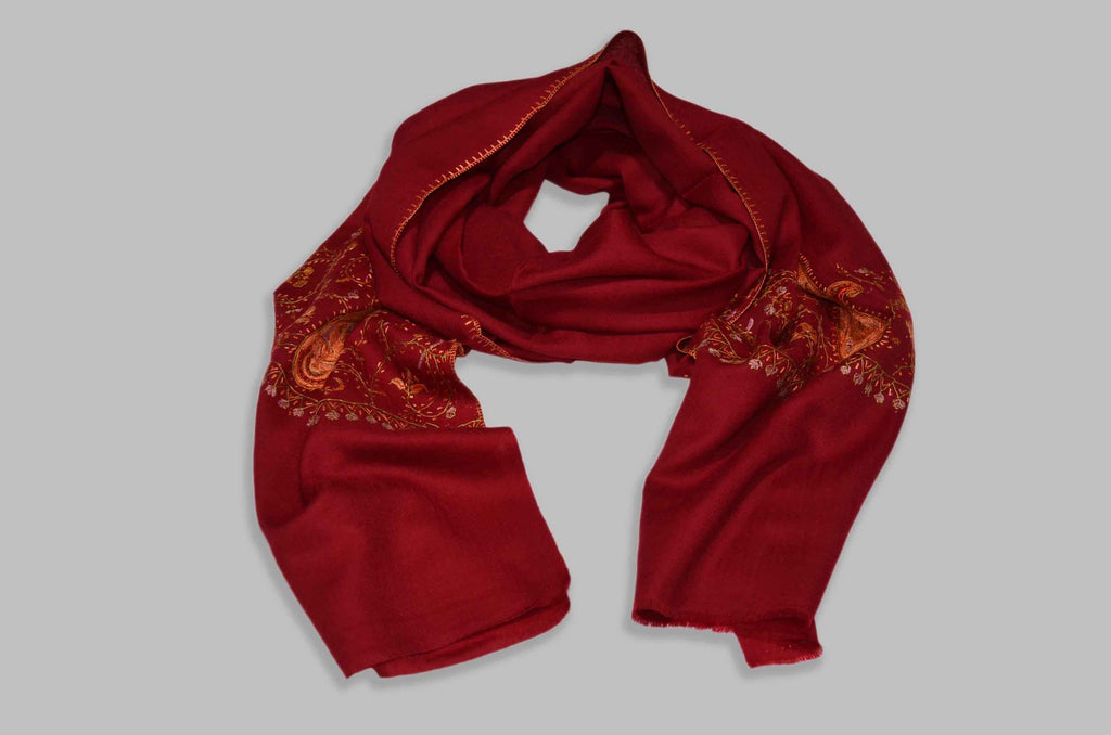 Maroon Merino Sozni Border Hand Embroidery Scarf
