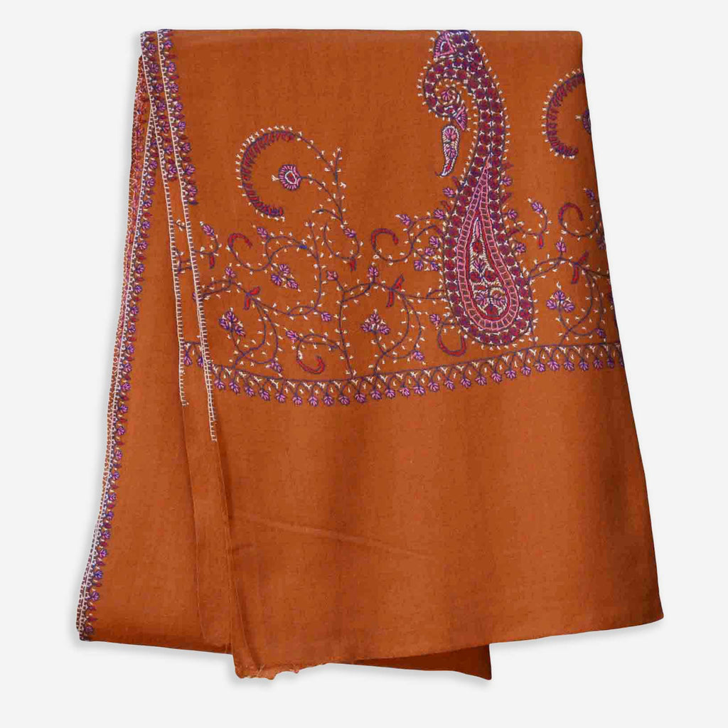 Rust Kashmiri merino woolen sozni big border embroidery scarf