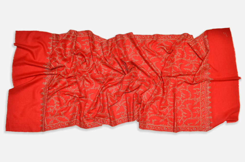 Stunning Red Cashmere Scarf with Beautiful Embroidery