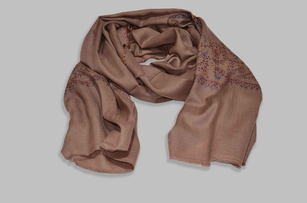 Natural Un Dyed Merino Sozni Border Hand Embroidery Scarf