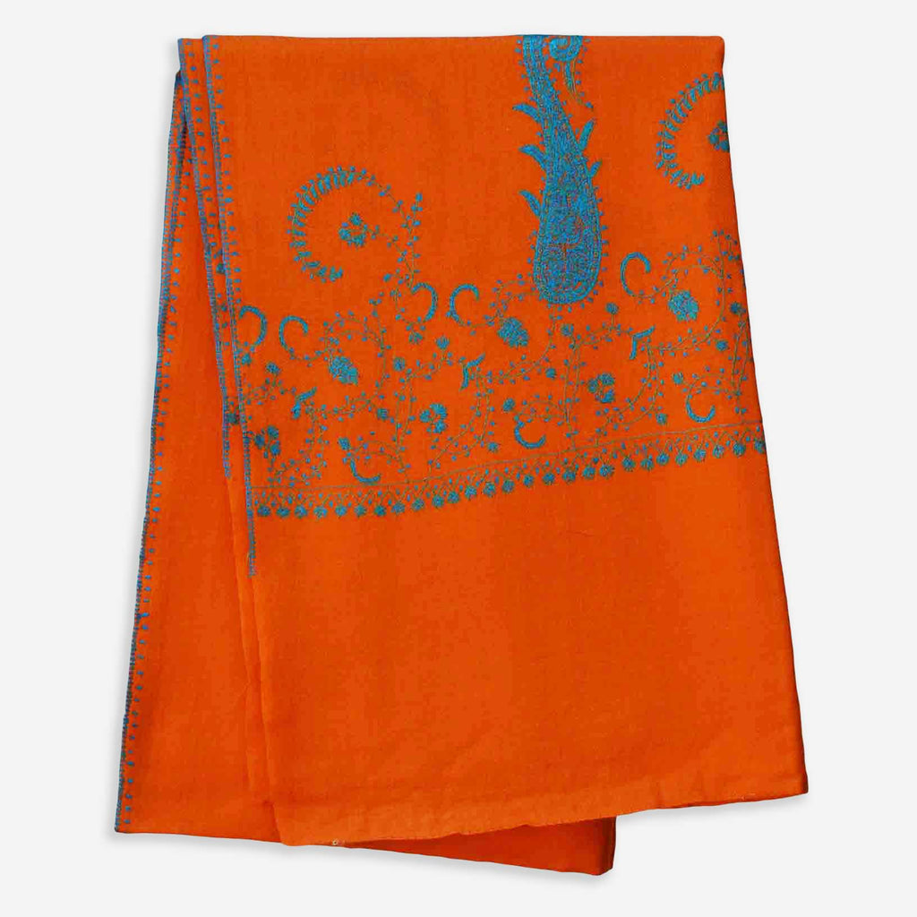 Orange Kashmiri merino woolen sozni big border Hand embroidery scarf
