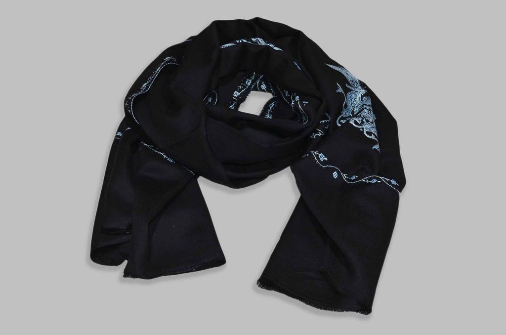 Black Merino Sozni Motifs Hand Embroidery Scarf