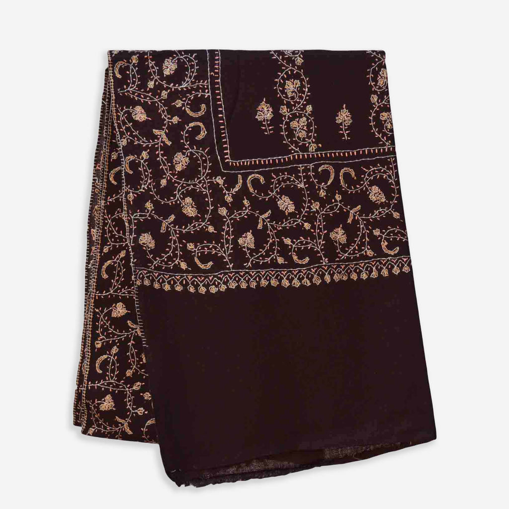 Brown Kashmiri Merino Wool Sozni Embroidery Stole