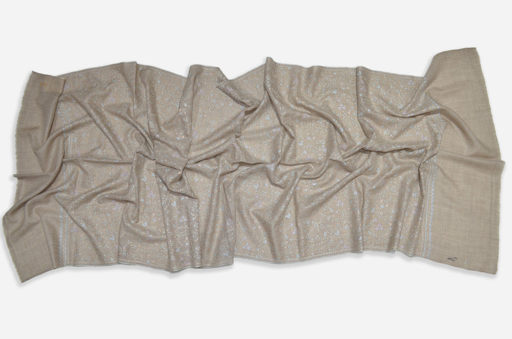 Beautiful Embroidery on an Un-Dyed Natural Cashmere Pashmina