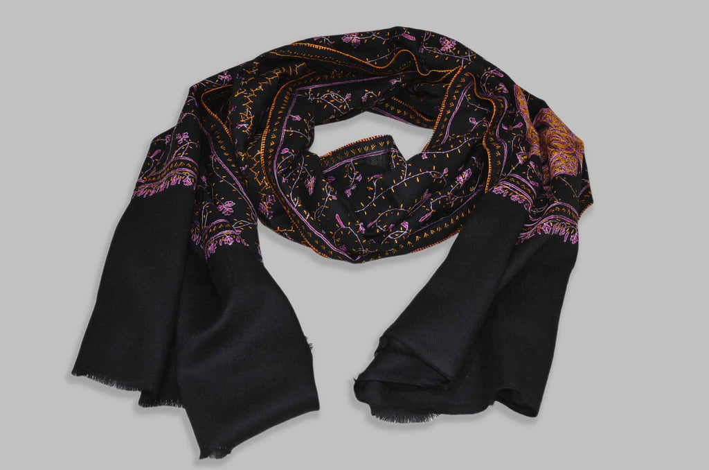 Black Jali Merino Sozni Hand Embroidery Scarf