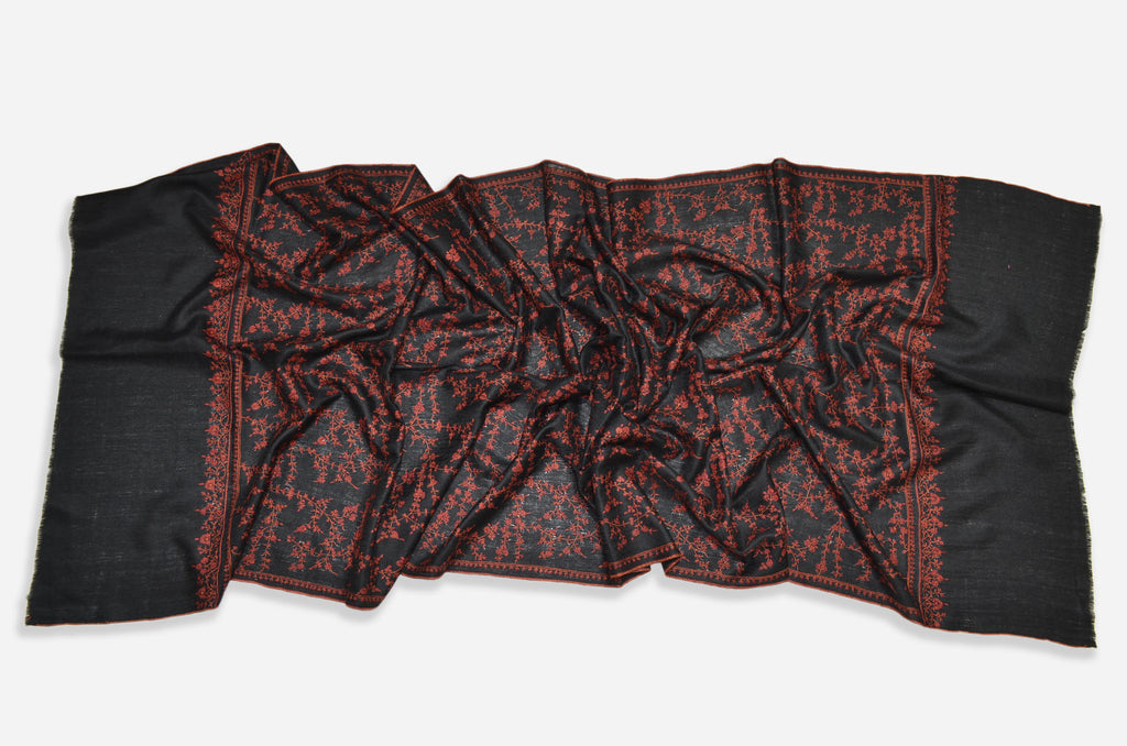 Black Cashmere Scarf with Maroon Sozni Embroidery