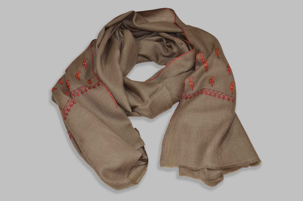 Brown Merino Sozni Motifs Hand Embroidery Scarf