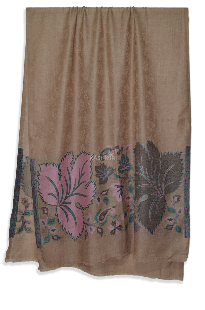 Brown Big Border Leaves Jacquard Merino Wool Scarf