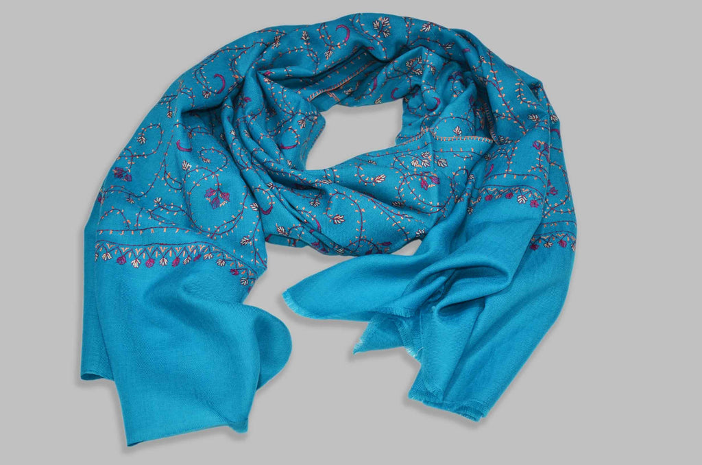 Turquoise Merino Sozni Jali Hand Embroidery Scarf