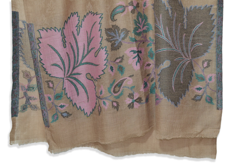 Brown Big Border Leaves Jacquard Merino Wool Scarf