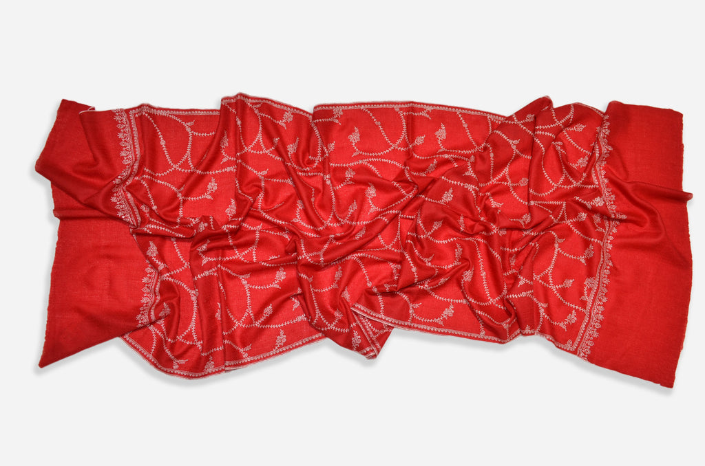 Red Cashmere Scarf with Beautiful Sozni Embroidery