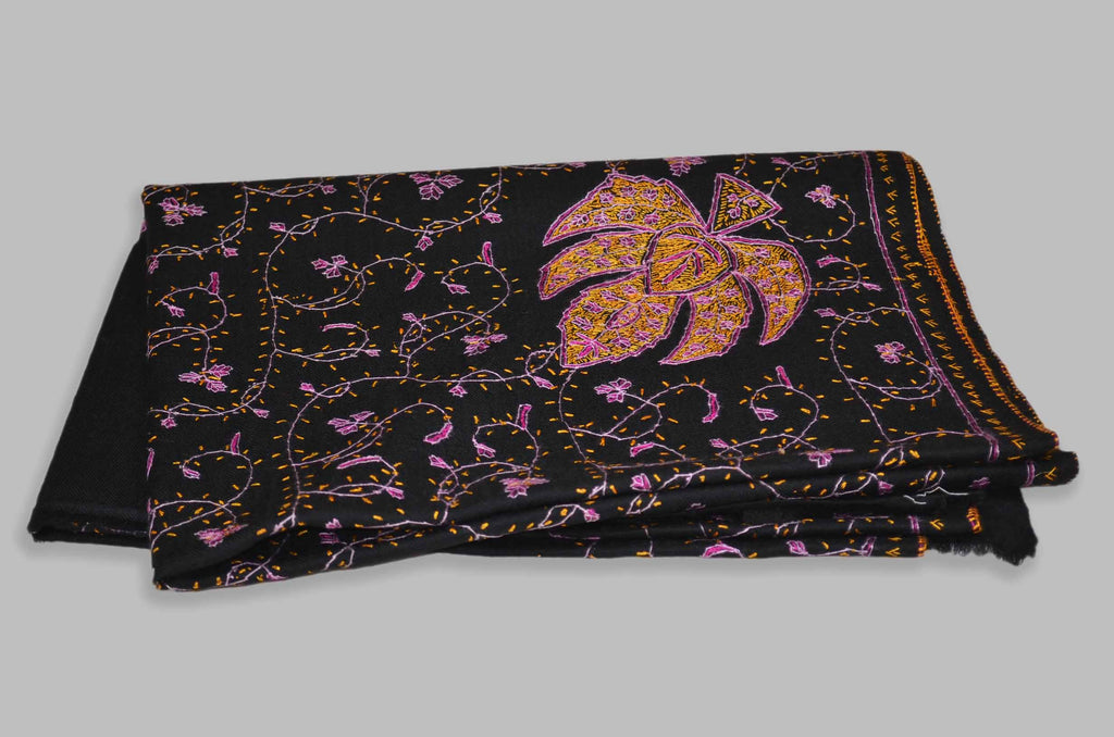 Black Jali Merino Sozni Hand Embroidery Scarf