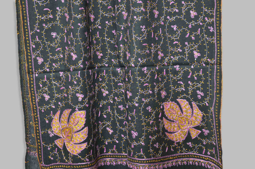 Black Jali Merino Sozni Hand Embroidery Scarf