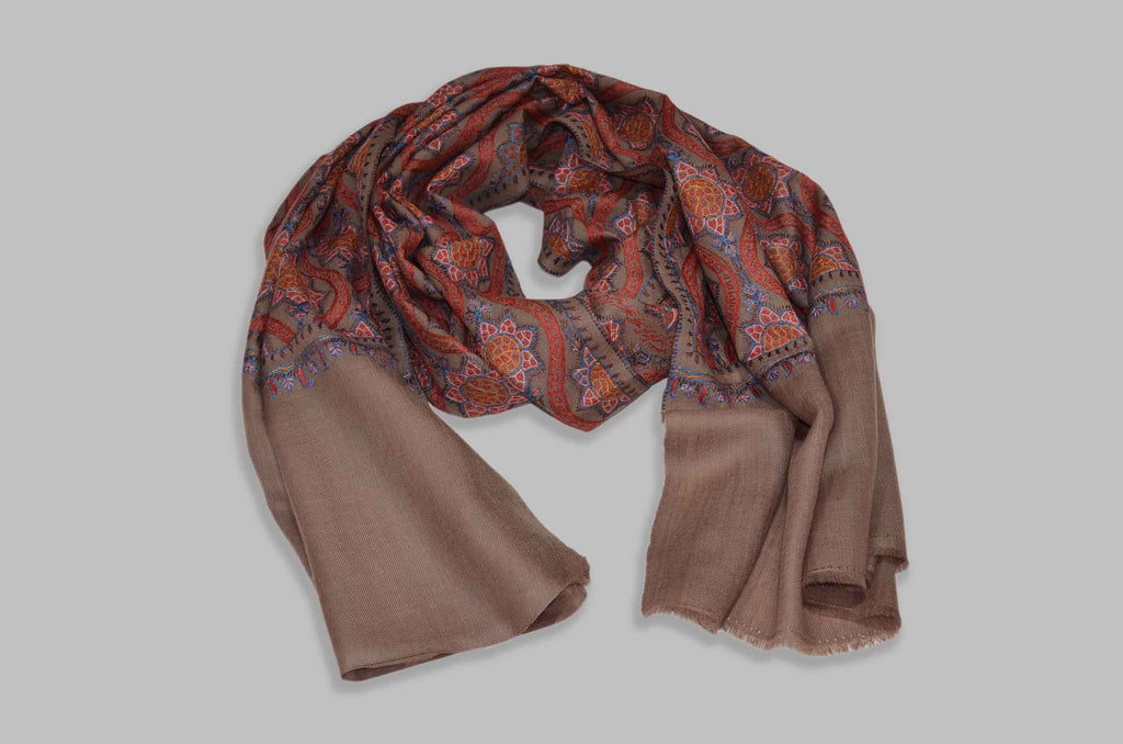 Natural Brown Merino Sozni Jamawar Hand Embroidery Scarf