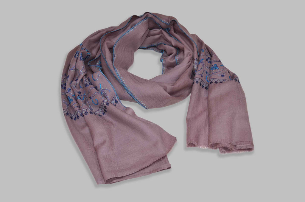 Pink Merino Sozni Border Hand Embroidery Scarf
