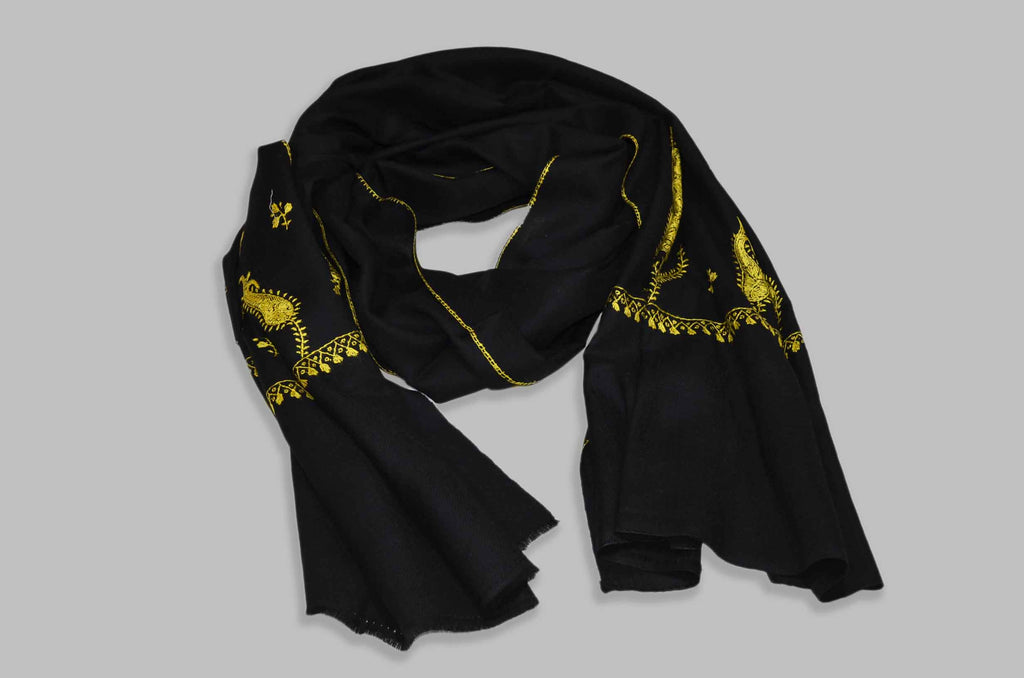 Black Merino Sozni Border Motif Hand Embroidery Scarf
