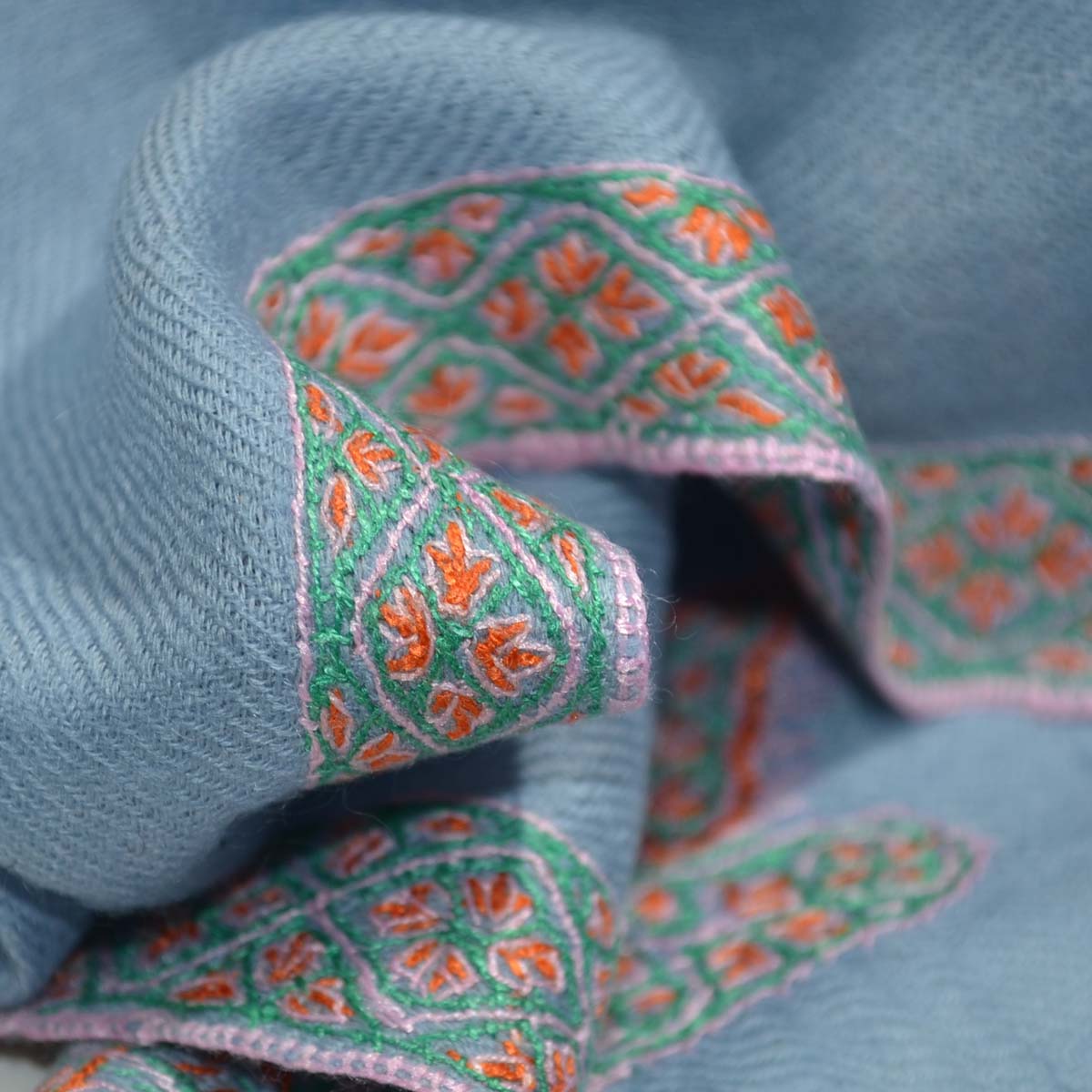 Blue Border Embroidery Cashmere Pashmina Scarf