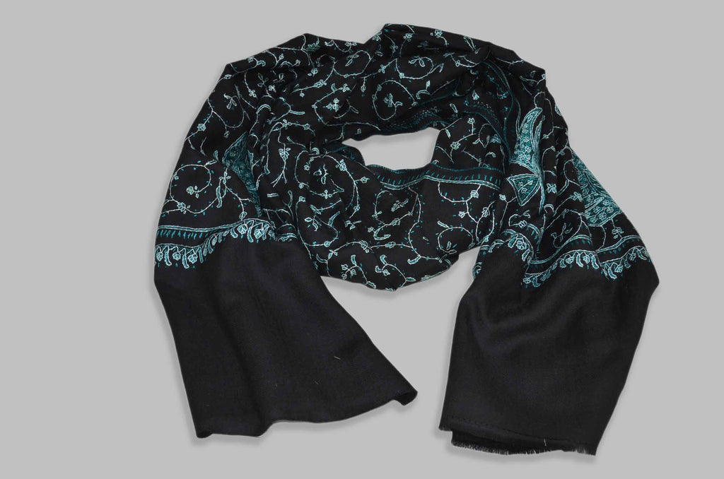 Black Merino Sozni Jali Hand Embroidery Scarf