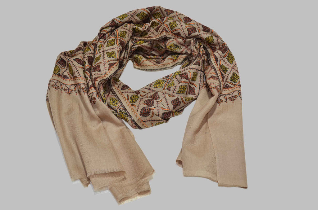 Natural Merino Sozni Jamawar Hand Embroidery Scarf