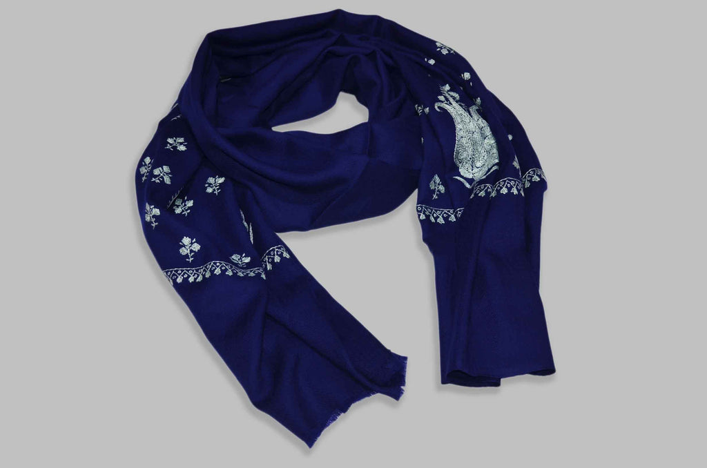 Dark Navy Merino Sozni Buti Motifs Hand Embroidery Scarf