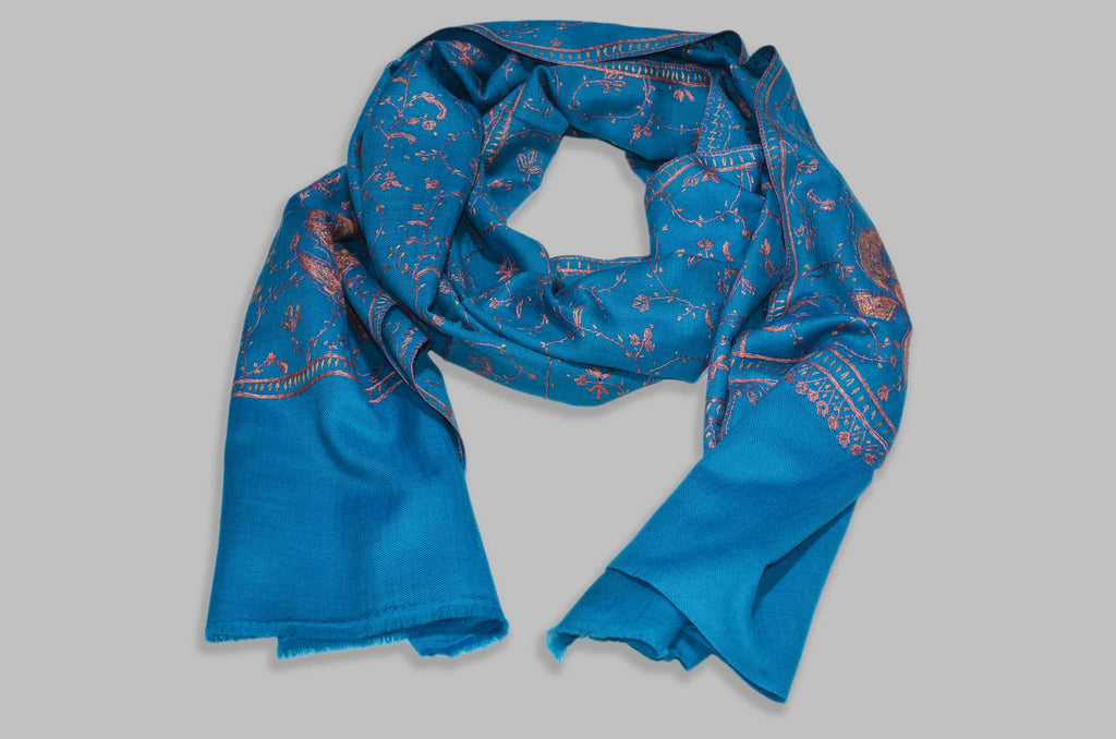 Royal Blue Merino Sozni Jali Hand Embroidery Scarf