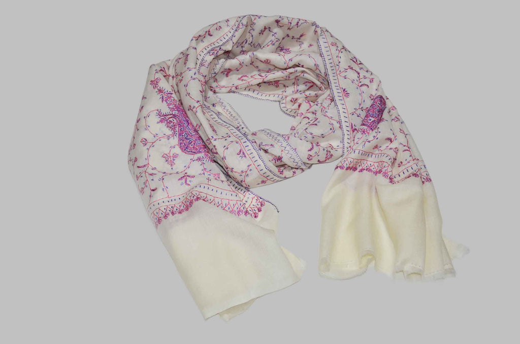 Ivory Merino Sozni Jali Hand Embroidery Scarf