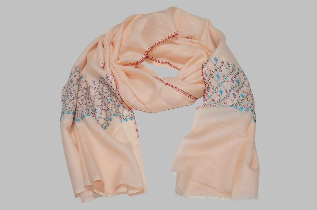 Peach Merino Sozni Jali Hand Embroidery Scarf