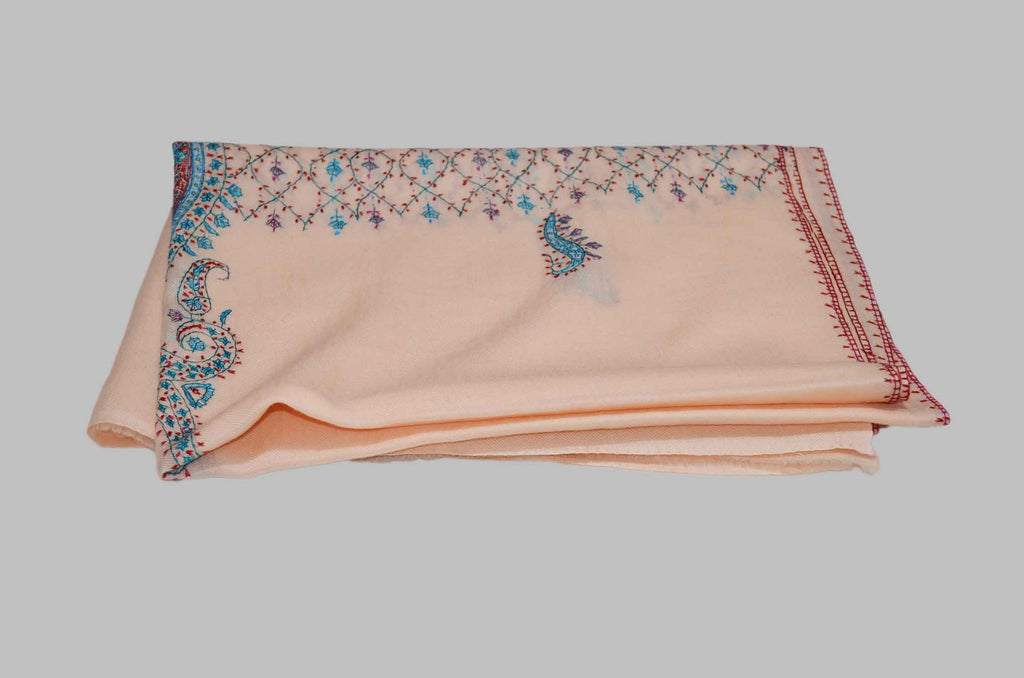 Peach Merino Sozni Jali Hand Embroidery Scarf