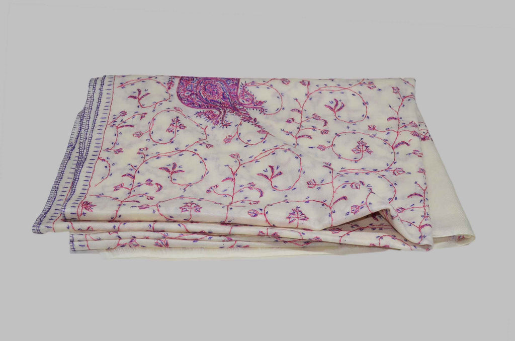 Ivory Merino Sozni Jali Hand Embroidery Scarf