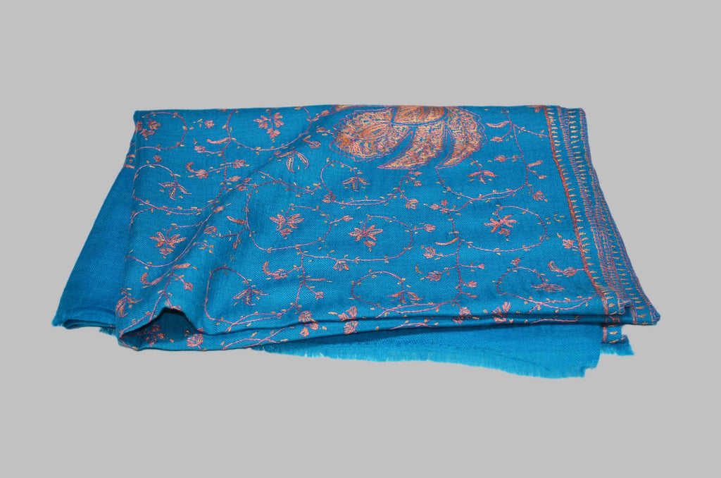 Royal Blue Merino Sozni Jali Hand Embroidery Scarf