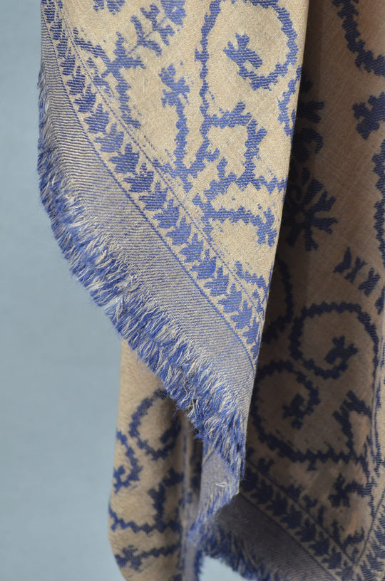 Natural Base Blue patterned with 4 sided fringes merino scarf