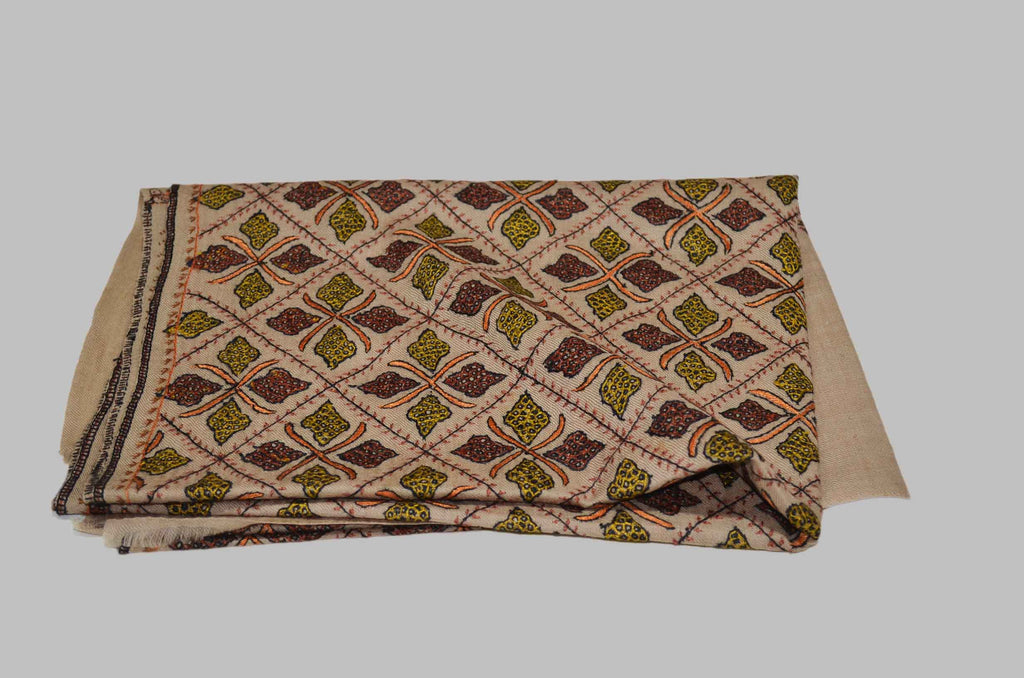 Natural Merino Sozni Jamawar Hand Embroidery Scarf