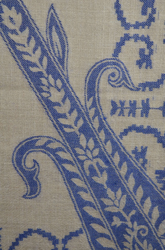 Natural Base Blue patterned with 4 sided fringes merino scarf