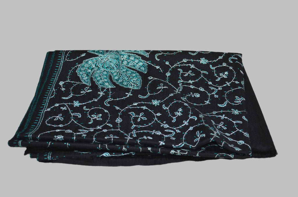 Black Merino Sozni Jali Hand Embroidery Scarf