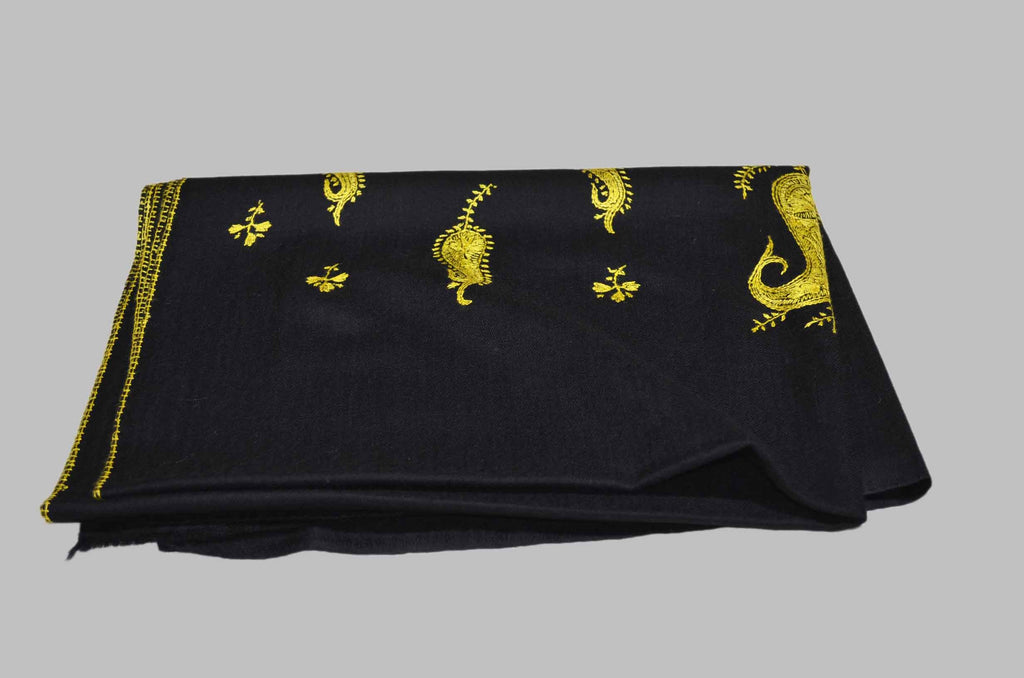 Black Merino Sozni Border Motif Hand Embroidery Scarf