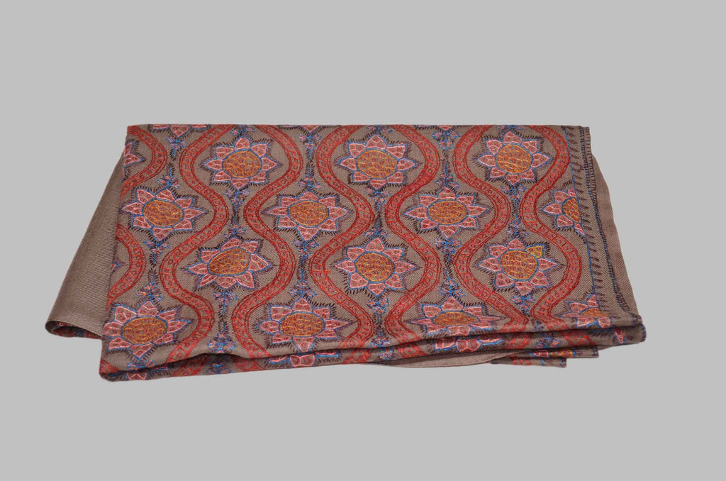 Natural Brown Merino Sozni Jamawar Hand Embroidery Scarf