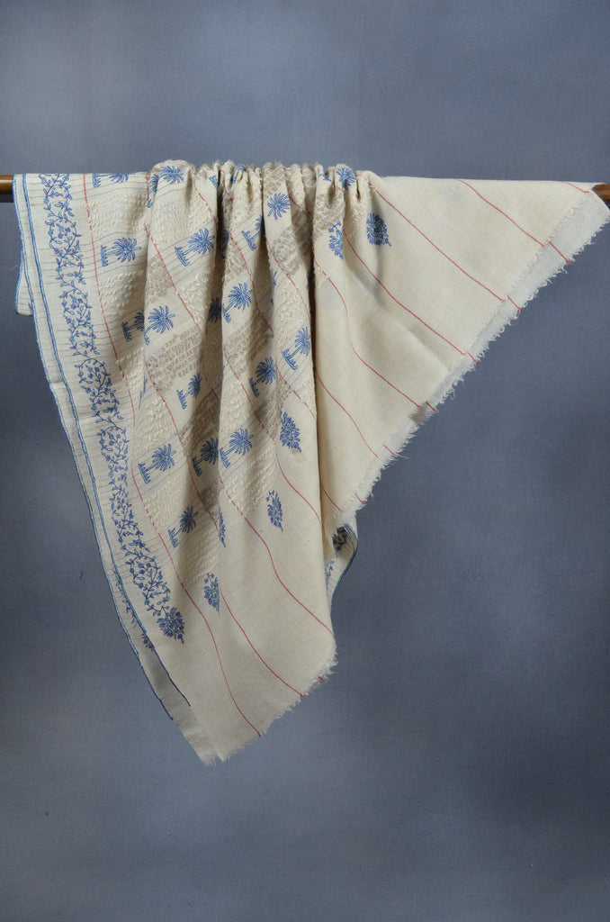 Ivory Base Blue Embroidery Cashmere Travel Wrap