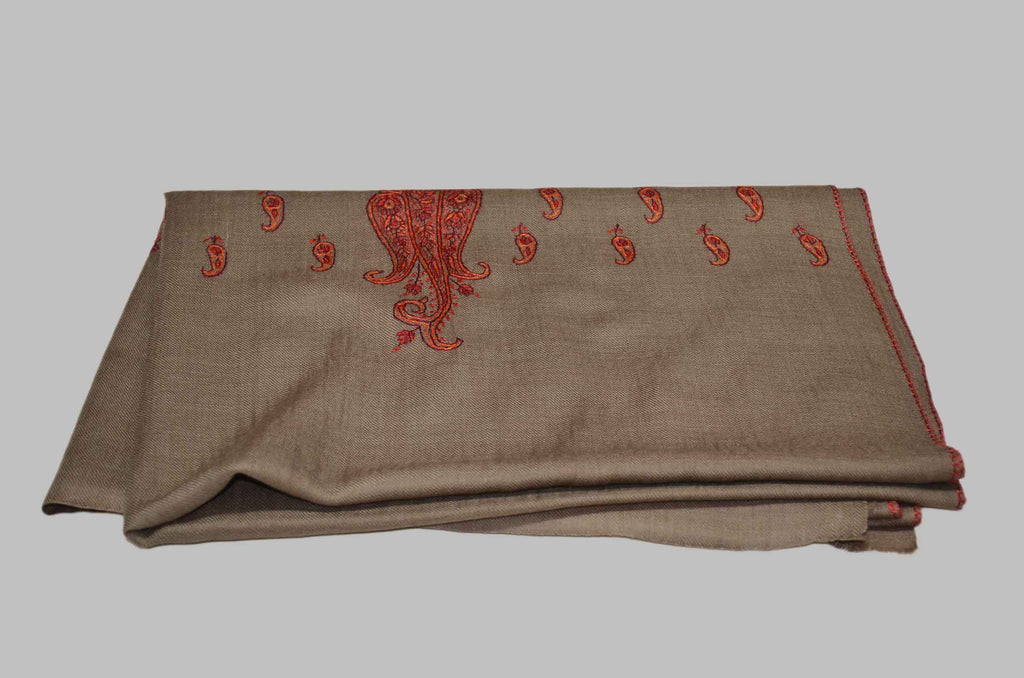 Brown Merino Sozni Motifs Hand Embroidery Scarf