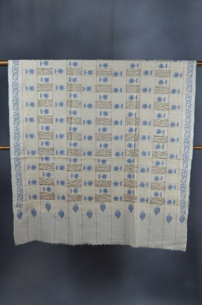 Ivory Base Blue Embroidery Cashmere Travel Wrap