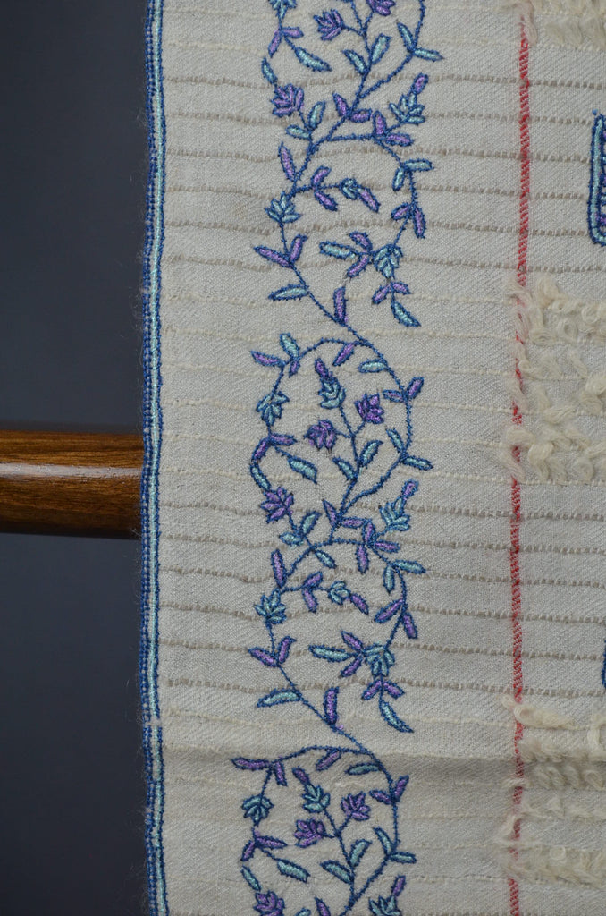 Ivory Base Blue Embroidery Cashmere Travel Wrap