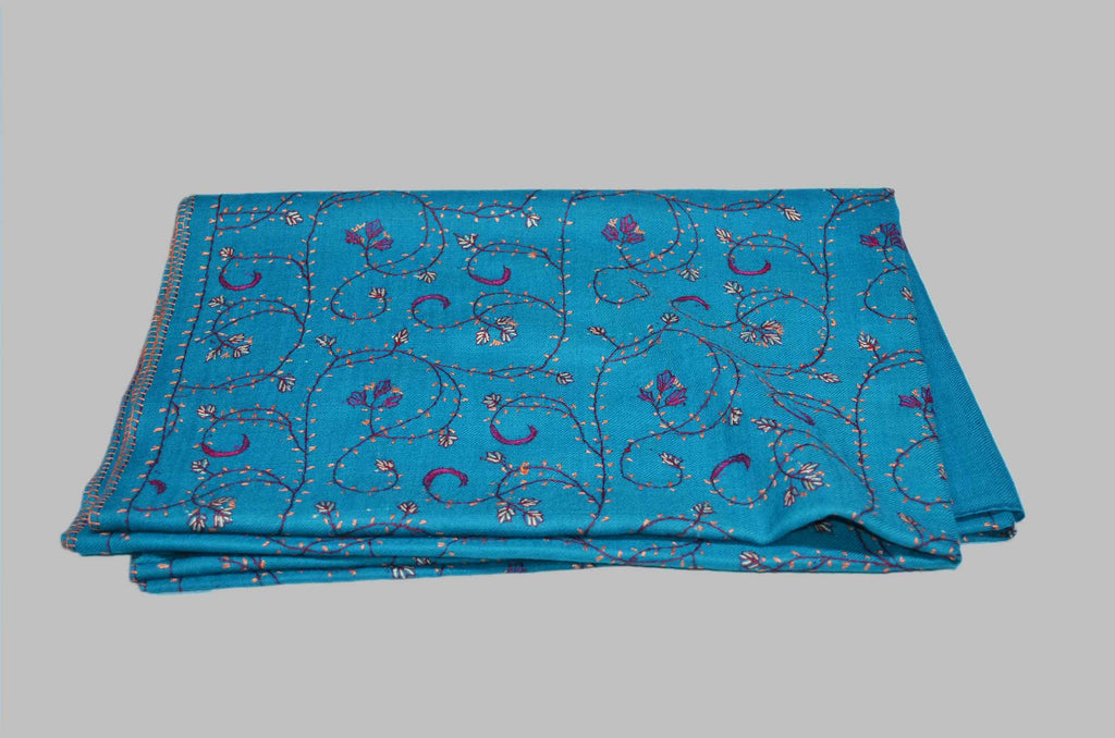 Turquoise Merino Sozni Jali Hand Embroidery Scarf